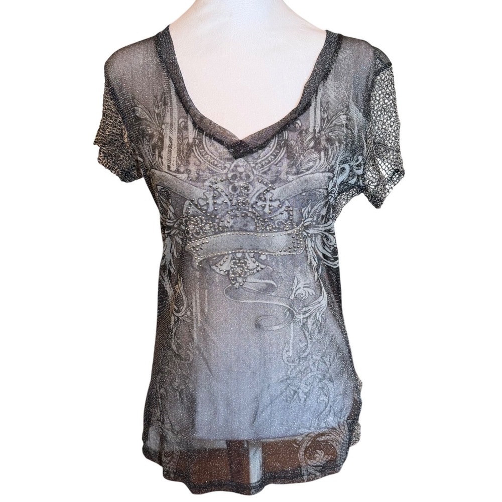 Womens Silver Metallic Mesh Rhinestone Gothic Top Y2K Grunge Sheer Goth‎